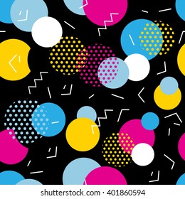 Seamless geometric pattern in retro 80s style. Pop art circles, lines, zigzag pattern on black.