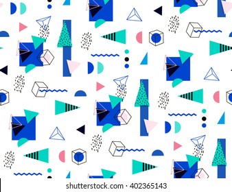 Seamless geometric pattern in retro 80's. Bright seamless triangles, circles, cubes for the cover, fabric, fashion fabric. Memphis style.