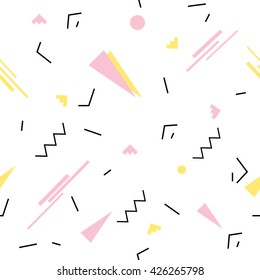 Seamless Geometric Pattern In Retro 80s  Memphis Style. Yellow Pink Triangles, Lines, Circles On White Background Pattern.