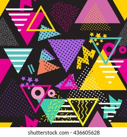 Seamless geometric pattern in retro 80s style. Pop art triangles. fashion style  pattern illustration background. Ideal for fabric design, paper print and website backdrop. EPS10 vector file.