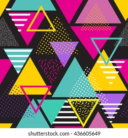 Seamless geometric pattern in retro 80s style. Pop art triangles. fashion style  pattern illustration background. Ideal for fabric design, paper print and website backdrop. EPS10 vector file.