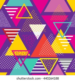Seamless geometric pattern in retro 80s style. Pop art triangles. fashion style  pattern illustration background. Ideal for fabric design, paper print and website backdrop. EPS10 vector file.
