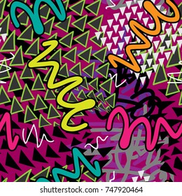 Seamless geometric pattern in retro 80s style. Pop art triangles. fashion style pattern illustration background. Ideal for fabric design, paper print and website backdrop. EPS10 vector file.