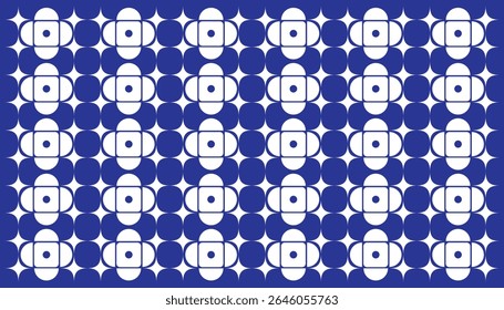 Seamless geometric pattern with retro blue and white design, ideal for textiles, wallpapers, backgrounds, and digital prints.