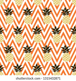 Seamless geometric pattern of retro colors. Seamless chevron background  with pineapples. Vector. Vintage Wallpaper, print packaging, textiles