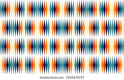 seamless geometric pattern, retro diamond horizontal row shapes seamless pattern in teal, green, orange, red, blue and yellow. For home décor, textile and fabric printing