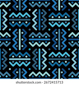 Nahtloses geometrisches Muster mit einem retro-ethnischen Design von dekorativen Elementen aus Zickzacklinien und Punkten in verschiedenen Blautönen auf schwarzem Hintergrund. Abstrakte Vektorgrafik.
