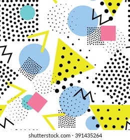 Seamless geometric pattern in retro, memphis 80s style