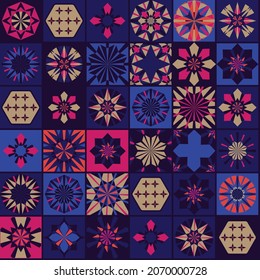 Seamless geometric pattern in retro style. Hexagonal tile pattern. Different geometric elements in a single Composition. Bathroom or kitchen tiles, wallpaper, foil 