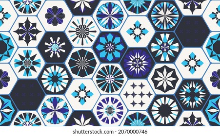 Seamless geometric pattern in retro style. Hexagonal tile pattern. Different geometric elements in a single Composition. Bathroom or kitchen tiles, wallpaper, foil 