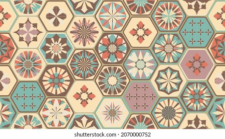Seamless geometric pattern in retro style. Hexagonal tile pattern. Different geometric elements in a single Composition. Bathroom or kitchen tiles, wallpaper, foil 