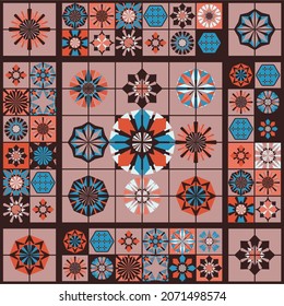 Seamless geometric pattern in retro style. Hexagonal tile pattern. Different geometric elements in a single Composition. Bathroom or kitchen tiles, wallpaper, foil 