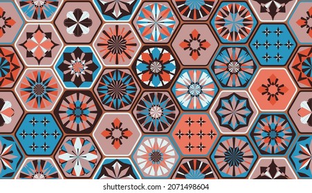 Seamless geometric pattern in retro style. Hexagonal tile pattern. Different geometric elements in a single Composition. Bathroom or kitchen tiles, wallpaper, foil 