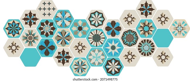 Seamless geometric pattern in retro style. Hexagonal tile pattern. Different geometric elements in a single Composition. Drawing for printing on fabrics, wallpapers and backgrounds.