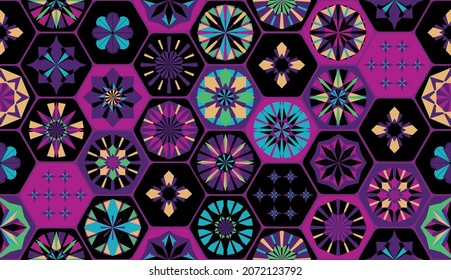 Seamless geometric pattern in retro style. Hexagonal tile pattern. Different geometric elements in a single Composition. Bathroom or kitchen tiles, wallpaper, foil 