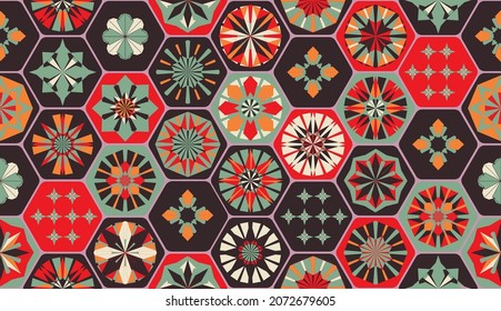 Patrón geométrico sin foco en estilo retro. Patrón de tejas hexagonales. Diferentes elementos geométricos en una sola composición. Baldosas de baño o cocina, papel pintado, papel pintado 