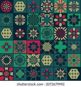 Seamless geometric pattern in retro style. Hexagonal tile pattern. Different geometric elements in a single Composition. Bathroom or kitchen tiles, wallpaper, foil 