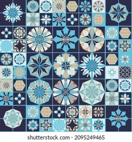 Seamless geometric pattern in retro style. Hexagonal tile pattern. Different geometric elements in a single Composition. Bathroom or kitchen tiles, wallpaper, foil 