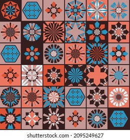 Seamless geometric pattern in retro style. Hexagonal tile pattern. Different geometric elements in a single Composition. Bathroom or kitchen tiles, wallpaper, foil 