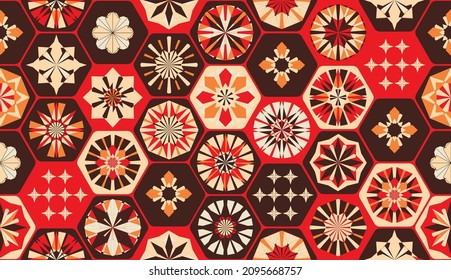 Seamless geometric pattern in retro style. Hexagonal tile pattern. Different geometric elements in a single Composition. Bathroom or kitchen tiles, wallpaper, foil 