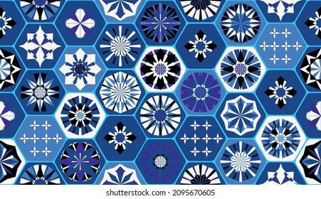 Nahtlose geometrische Muster im Retro-Stil. Sechskantfliesen-Muster. Verschiedene geometrische Elemente in einer einzigen Zusammensetzung. Fliesen, Tapeten, Folien 