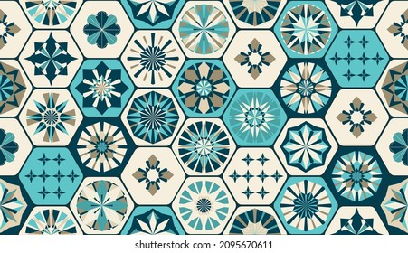 Seamless geometric pattern in retro style. Hexagonal tile pattern. Different geometric elements in a single Composition. Bathroom or kitchen tiles, wallpaper, foil 