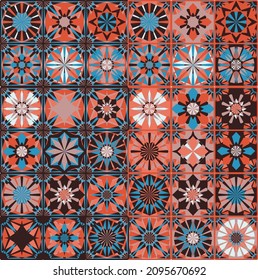 Patrón geométrico sin foco en estilo retro. Patrón de tejas hexagonales. Diferentes elementos geométricos en una sola composición. Baldosas de baño o cocina, papel pintado, papel pintado 