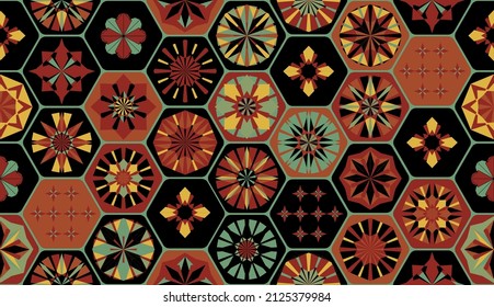 Seamless geometric pattern in retro style. Hexagonal tile pattern. Different geometric elements in a single Composition. Bathroom or kitchen tiles, wallpaper, foil 