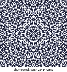 Patrón geométrico sin fisuras en estilo retro con cruces y estrellas ornamentadas con elementos en blanco y negro. Ilustración ornamental vectorial para proyectos de tela, textura, envoltura, azulejos y decoración.