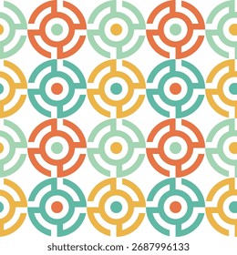 Padrão geométrico contínuo com círculos concêntricos e arcos retrocoloridos, criando um design de fundo repetitivo abstrato e moderno