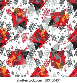 Seamless geometric pattern revolutionary whirlwind hand drawn background, vector. The structure of the geometric shapes in the style of Russian revolutionary graphics of the 20th century.