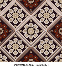 seamless geometric pattern, rhombus with beautiful unusual flowers beige  and brown  colors, vector illustration