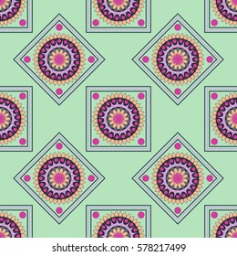 seamless geometric pattern, rhombus with colorful mandala on green background, vector illustration
