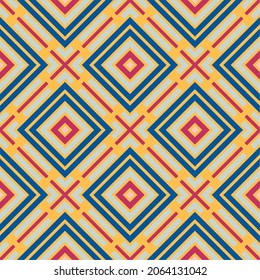 Seamless geometric pattern of  rhombus, dots, strokes, cross and diagonal lines. Beautiful and romantic vector illustration. Spring and summer colors, yellow, pink, blue, pastel shades. EPS 10.