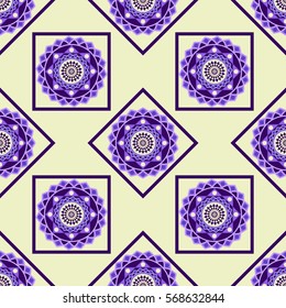 seamless geometric pattern, rhombus and squares with purple mandala, vector illustration