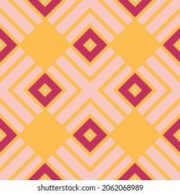 Seamless geometric pattern of rhombuses, cross and colorful lines. Diamond shape optical illusion. Vector illustration for web, paper. Spring and summer colors, yellow, pink, pastel shades. EPS 10.