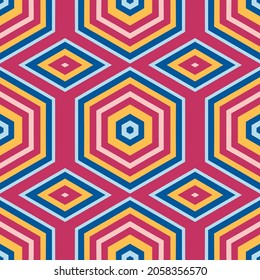 Seamless geometric pattern of rhombuses and hexagons with colorful lines inside. Vector illustration for textile, card, paper. Spring and summer colors, yellow, pink, blue, pastel shades. EPS 10. 