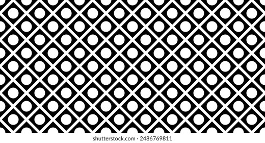 Seamless geometric pattern with rhombuses, lines, dots. Black and white abstract background.