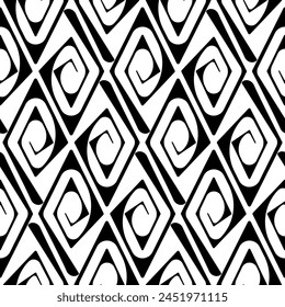 Seamless geometric pattern with rhombuses. Monochrom ethnic diagonal repeating ornament vector illustration. Black spirals with rounded corners on white background. Minimalist graphic design.