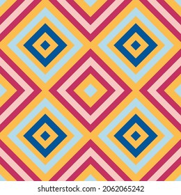 Seamless geometric pattern of rhombuses and parallel lines. Tunnel illusion. Vector illustration for web, card, scrapbooking. Spring and summer colors, yellow, pink, blue, pastel shades. EPS 10.