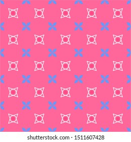 Seamless Geometric Pattern Of Rhombuses And Polygons. White And Blue Pattern On A Pink Background. For Pattern, Textile, Fabric, Wrapping Paper, Wallpaper For A Children's Room. Vector Background.
