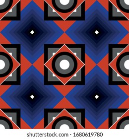 Seamless geometric pattern with rhombuses in a psychedelic style. Vector texture in black, blue, white and red colors.
Print for textiles, fabrics, backgrounds, accessories, wrapping paper.