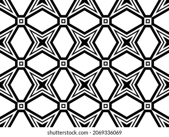 Seamless geometric pattern of rhombuses, stars, squares and continuous lines. Modern design for textiles, posters, cards, fabrics, flyers. Black and white background. Vector illustration EPS 10.  