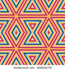 Seamless geometric pattern of  rhombuses, triangles, diamonds and bright lines. Vector illustration for web, card,  textile, paper. Spring and summer colors, yellow, pink, blue, pastel shades. EPS 10.
