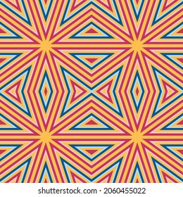 Seamless geometric pattern of rhombuses, triangles, diamonds and bright lines. Vector illustration for web, card, textile, paper. Spring and summer colors, yellow, pink, blue, pastel shades. EPS 10.