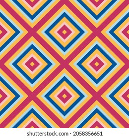 Seamless geometric pattern of  rhombuses and vibrant colorful lines. Vector illustration for web, card, fabric, shop window. Spring and summer colors, yellow, pink, blue, pastel shades. EPS 10.