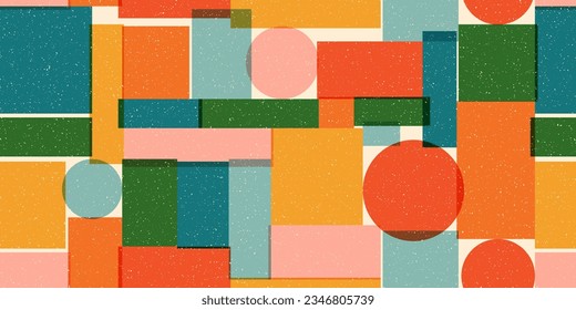 Seamless geometric pattern with risograph effect. Trendy riso graph style. Abstract background with grain texture. 80s style geometric collage. Simple vector pattern. Minimalist retro style texture