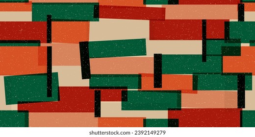 Seamless geometric pattern with risograph effect. Trendy riso graph style. Abstract background with grain texture. 80s style geometric collage. Simple vector pattern. Minimalist retro style texture