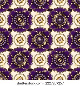 Patrón geométrico sin inconvenientes con adornos de joyería redondeados de manera escalonada. Elementos dorados con gemas moradas. Estilo vintage. Bueno para ropa, ropa, tela, textil, diseño de superficie.