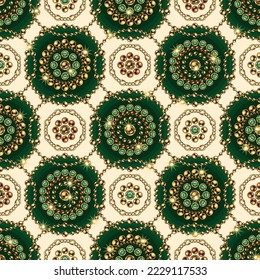 Patrón geométrico sin inconvenientes con adornos de joyería redondeados de manera escalonada. Elementos dorados con joyas verdes. Estilo vintage. Bueno para ropa, ropa, tela, textil, diseño de superficie.